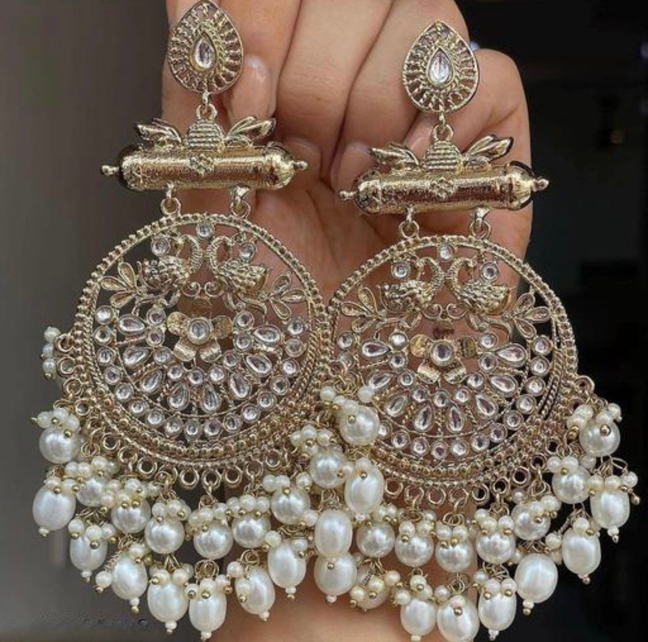 Heavy Kundan Chandbali Pearls Earrings