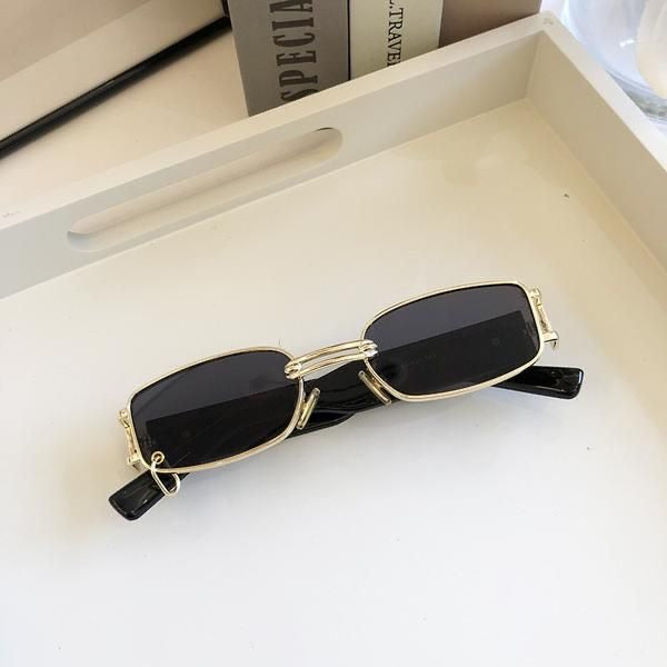 Luxury Vintage Rectangular Sunglasses Black & Gold with Metal Rim