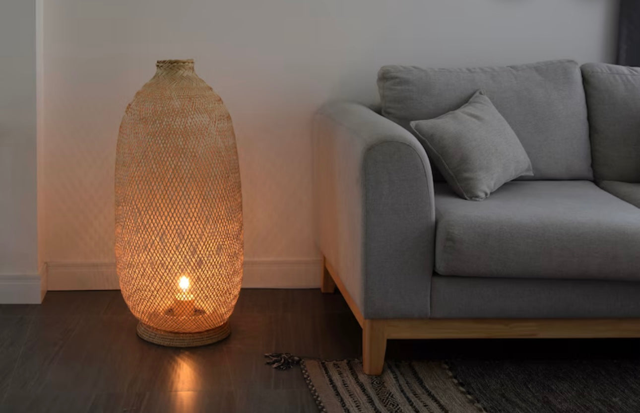Natural Standing Woven Bamboo Rattan Large Floor Lamps - Set of 3