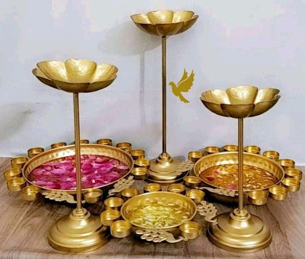 Flower Shape Decorative Metal Tea Light/Diya Holder (Gold) - Set of 3