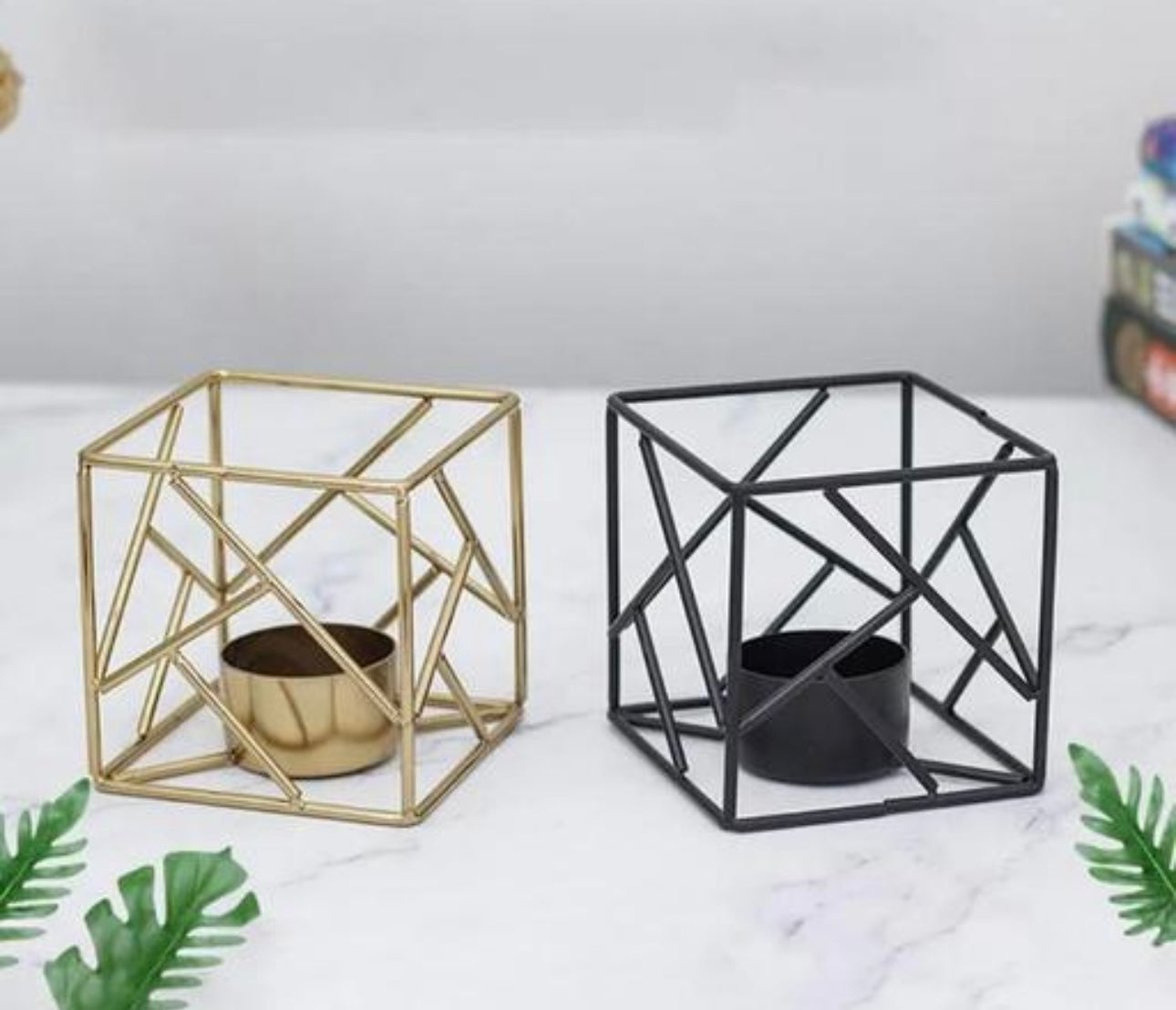 Geometrical Gold & Black Candle Holders - Set of 2