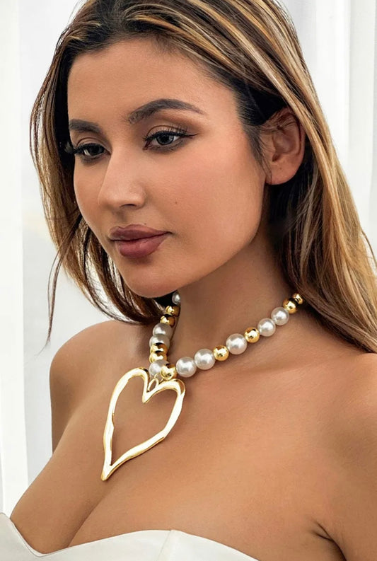 Gold Plated Large Metal Heart Pearls Statement Necklace