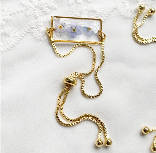 Petite Rectangle Bracelet with Real Forget Me Not Dried Flower