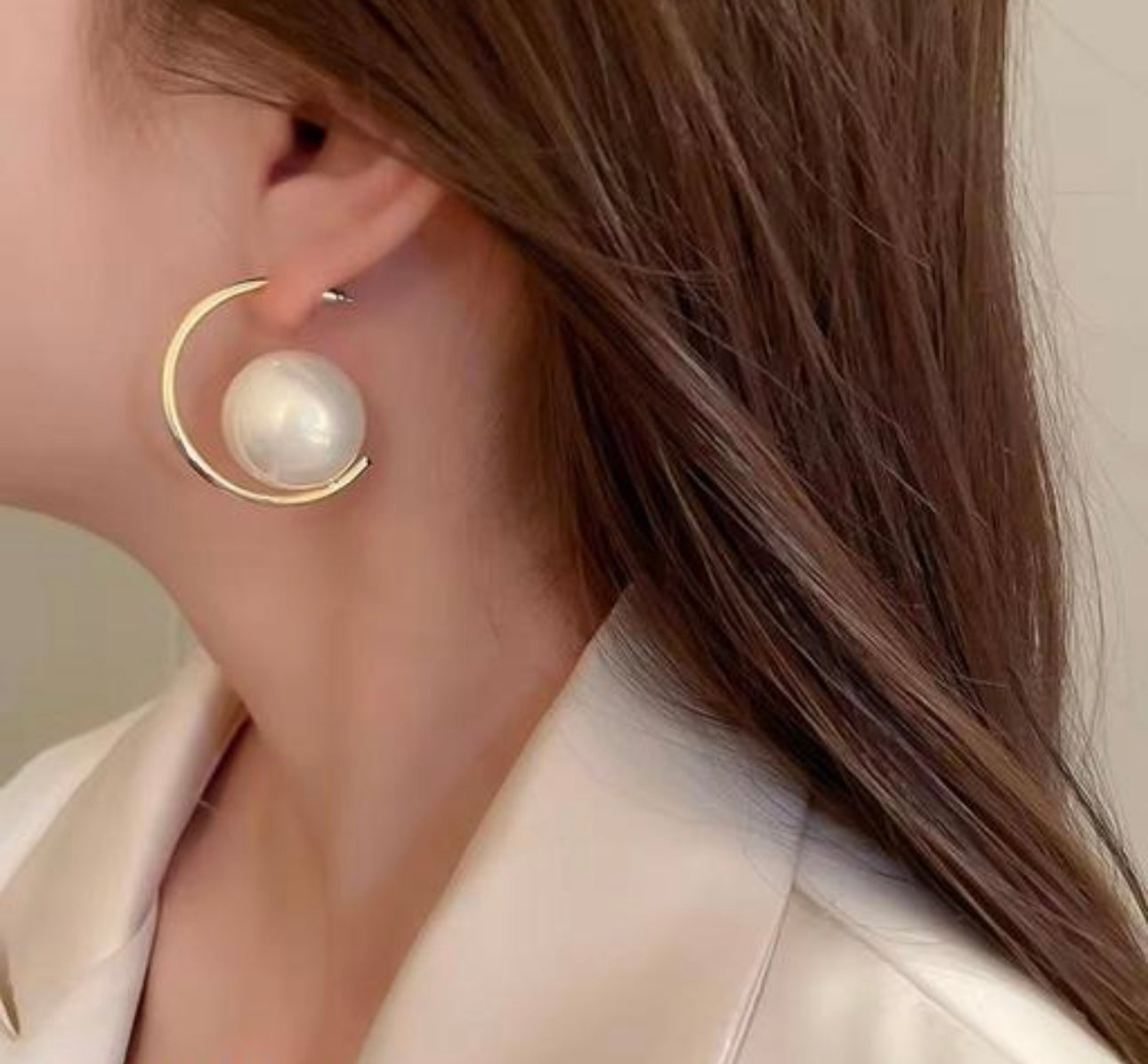 Gold Pearl C-shaped Statement Earrings