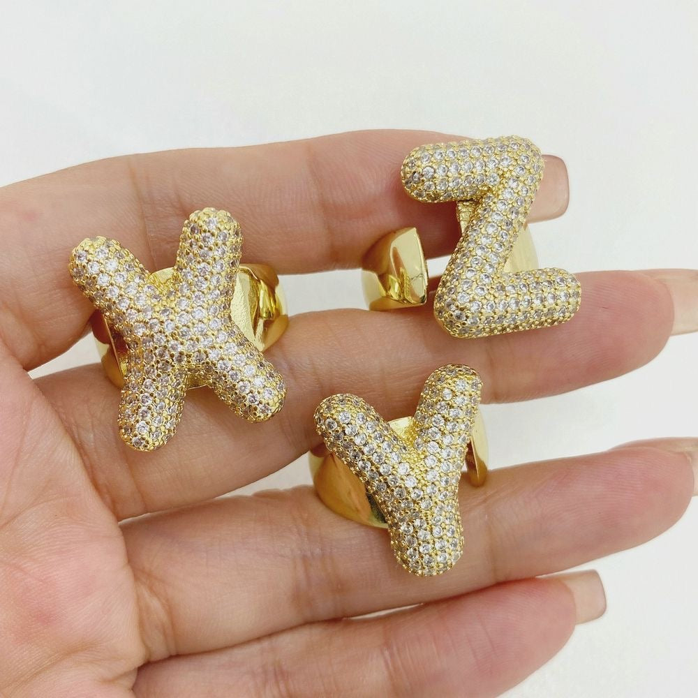 Chunky Adjustable Bubble Alphabet / Initials / Letter Ring with Zircon Stones