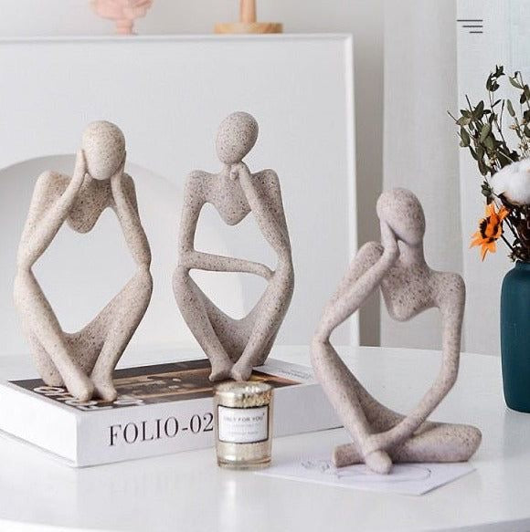 Scandinavian Sandstone Abstract Thinker Statues Figurines - Set of 3