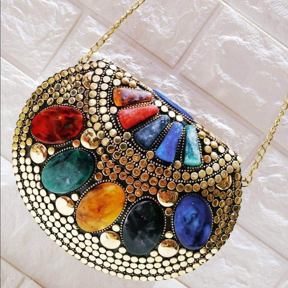 Bohemian Mosaic Gold Clutch with Multi Medallions