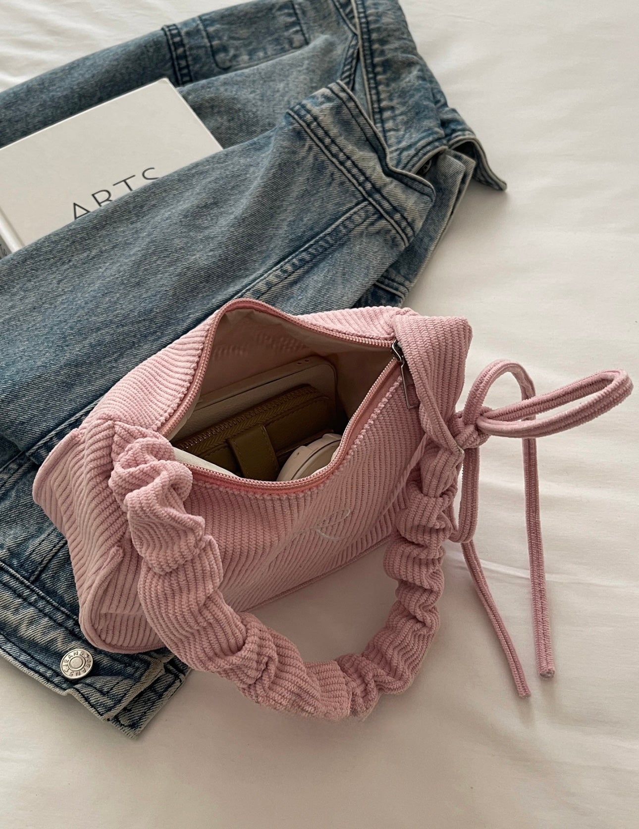 Premium Ribbed Pink Bow Bag