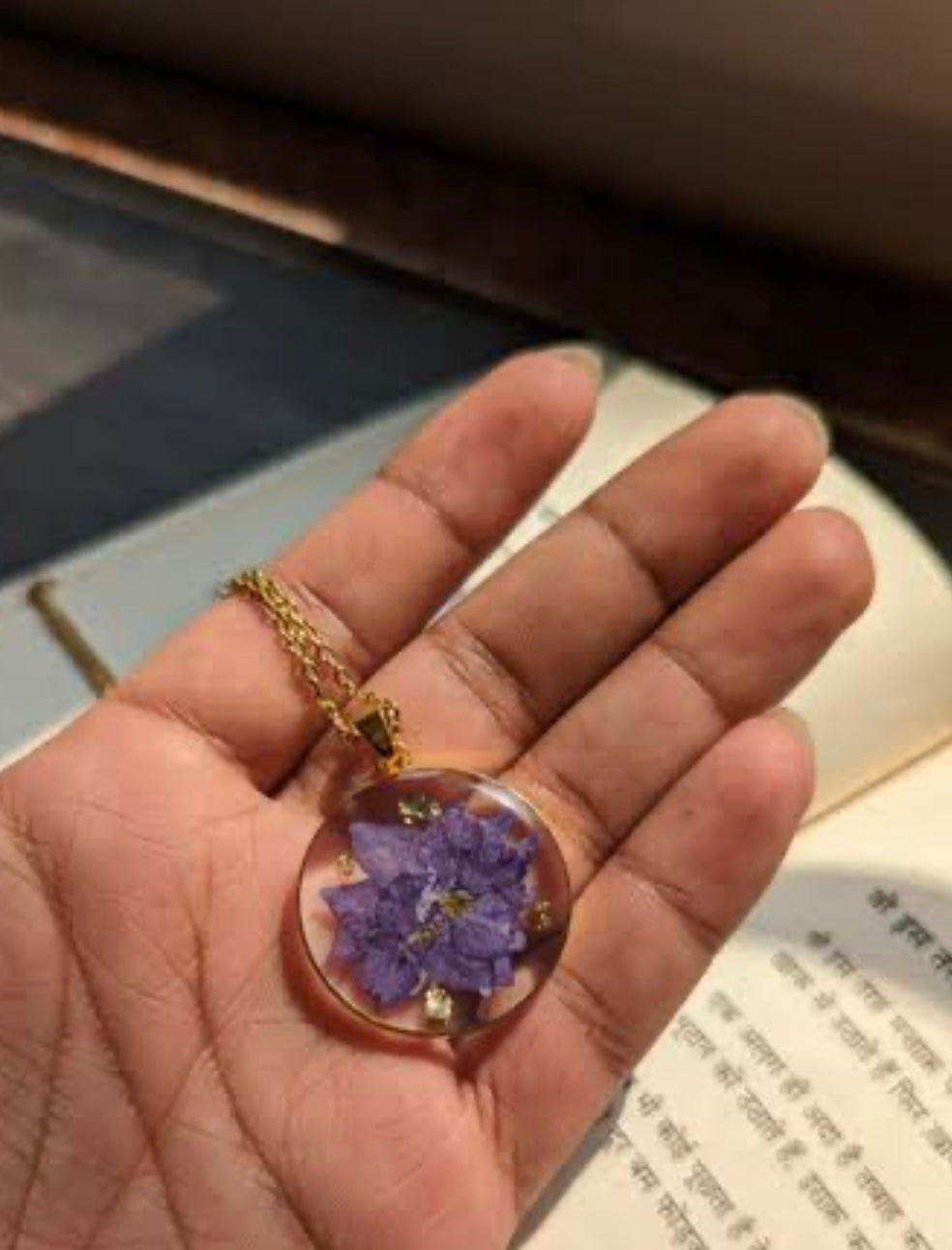 Real Delphinium Consolida Purple Larkspur Flower Pendant