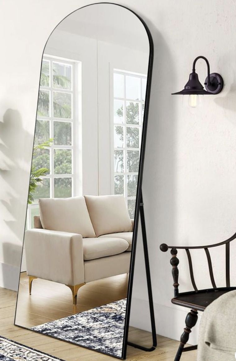 Decorative Full Length Arched Metal Frame Standing Mirror with Stand