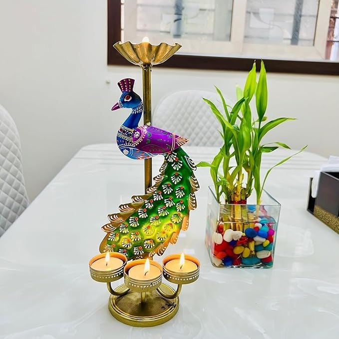 Handcrafted Antique Rustic Peacock Tea-light Candle Holder/Stand - Set of 2