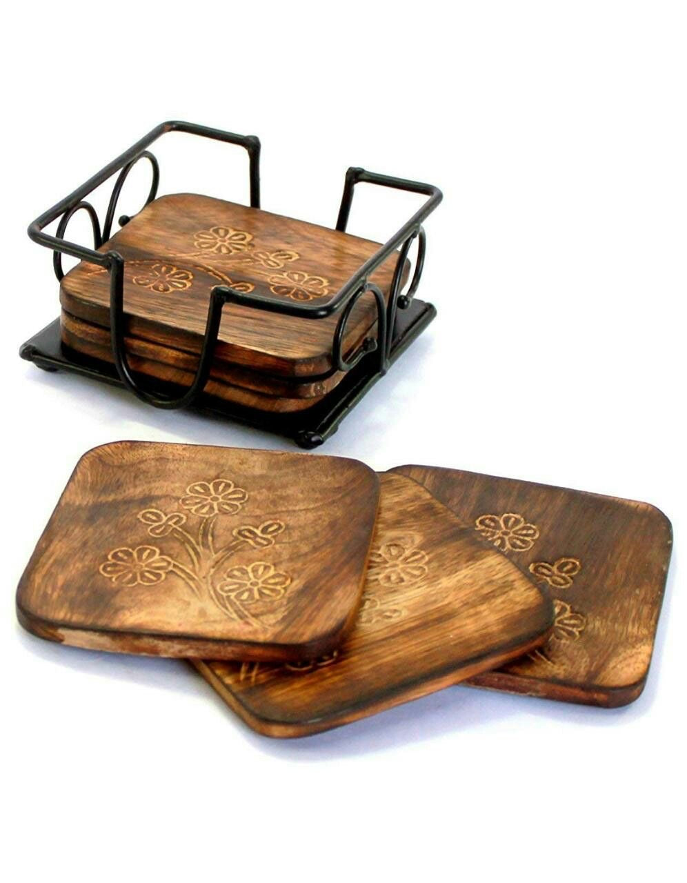 Natural Square Wooden Coasters with Stand