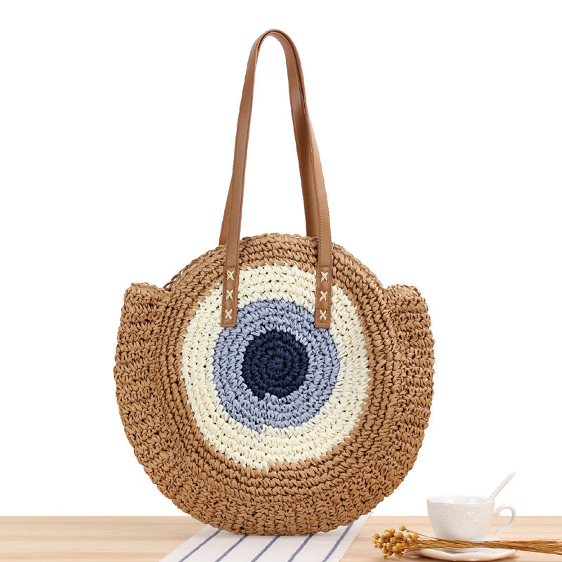 Evil Eye Round Straw Shoulder Bag