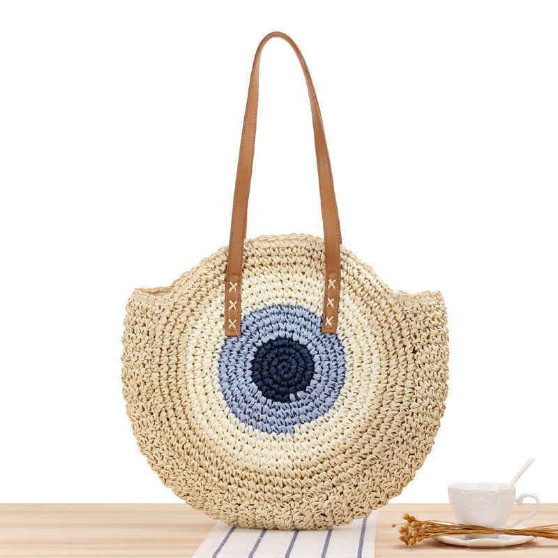 Evil Eye Round Straw Shoulder Bag