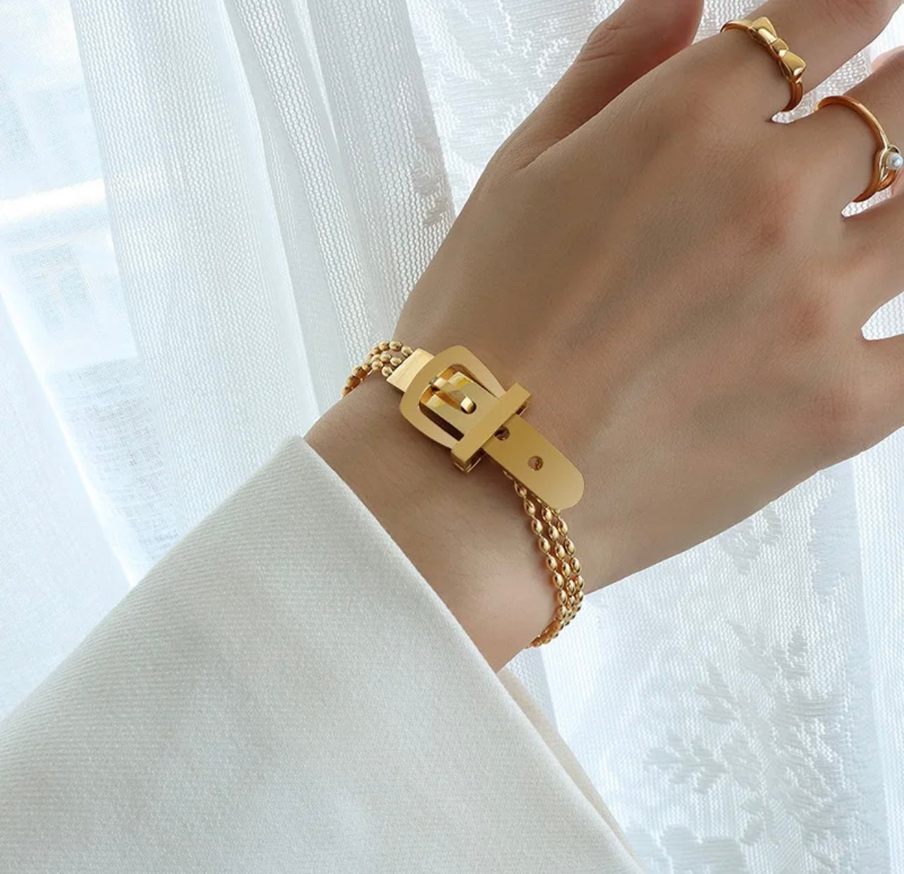 18k Gold Bracelet Watch Belt Buckle 3-Layer Rice Bead Box Chain