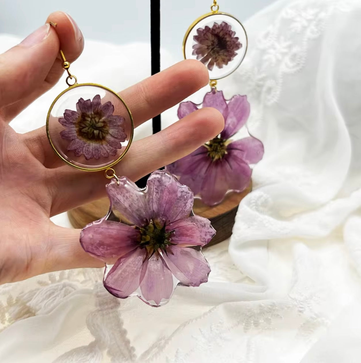 Lilac Earrings with Real Pressed Flowers