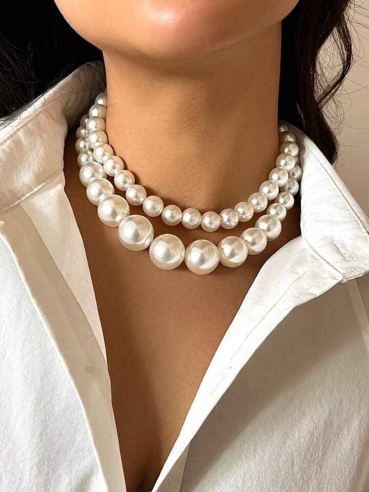 Elegant 2-Layers Pearl Beaded Choker Necklace