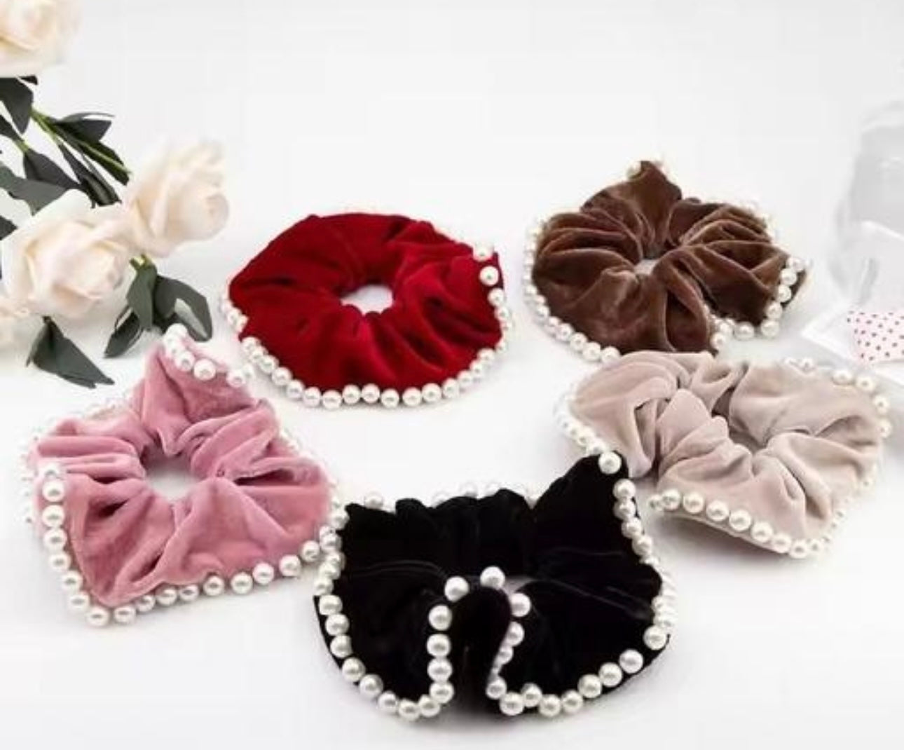 French Vintage Pearl Velvet Scrunchies - Set of 2