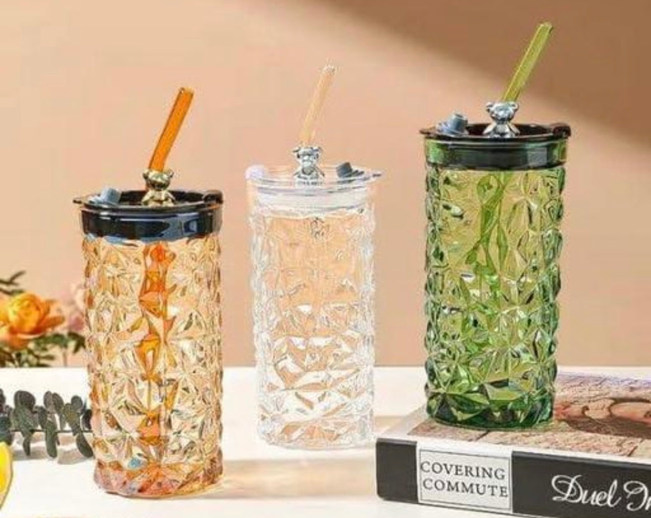 Diamond Glass Tumbler with Teddy Straw