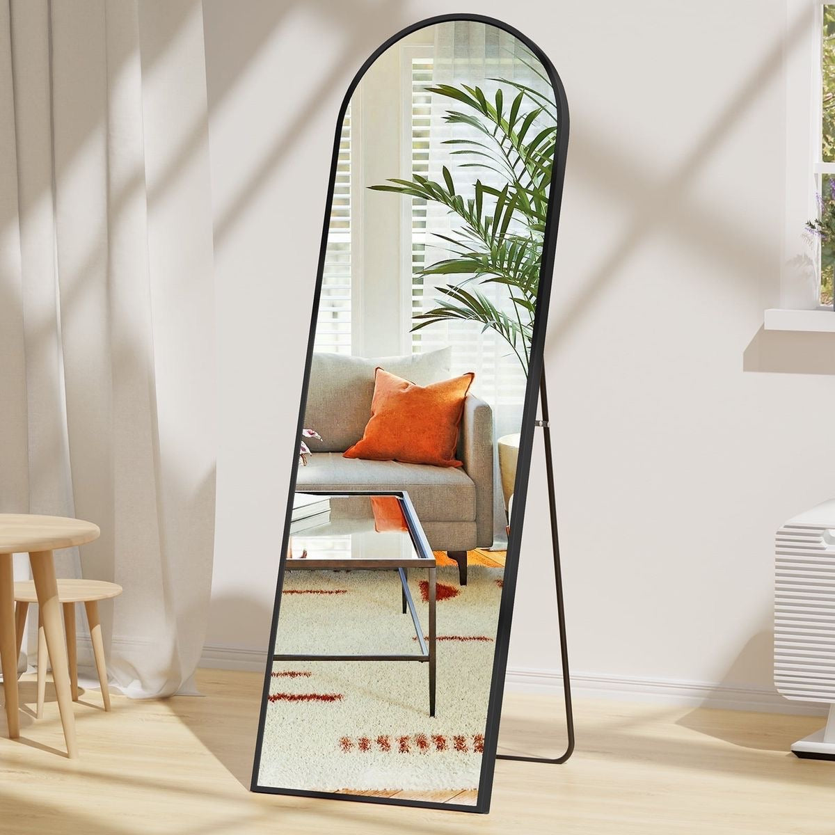 Decorative Full Length Arched Metal Frame Standing Mirror with Stand