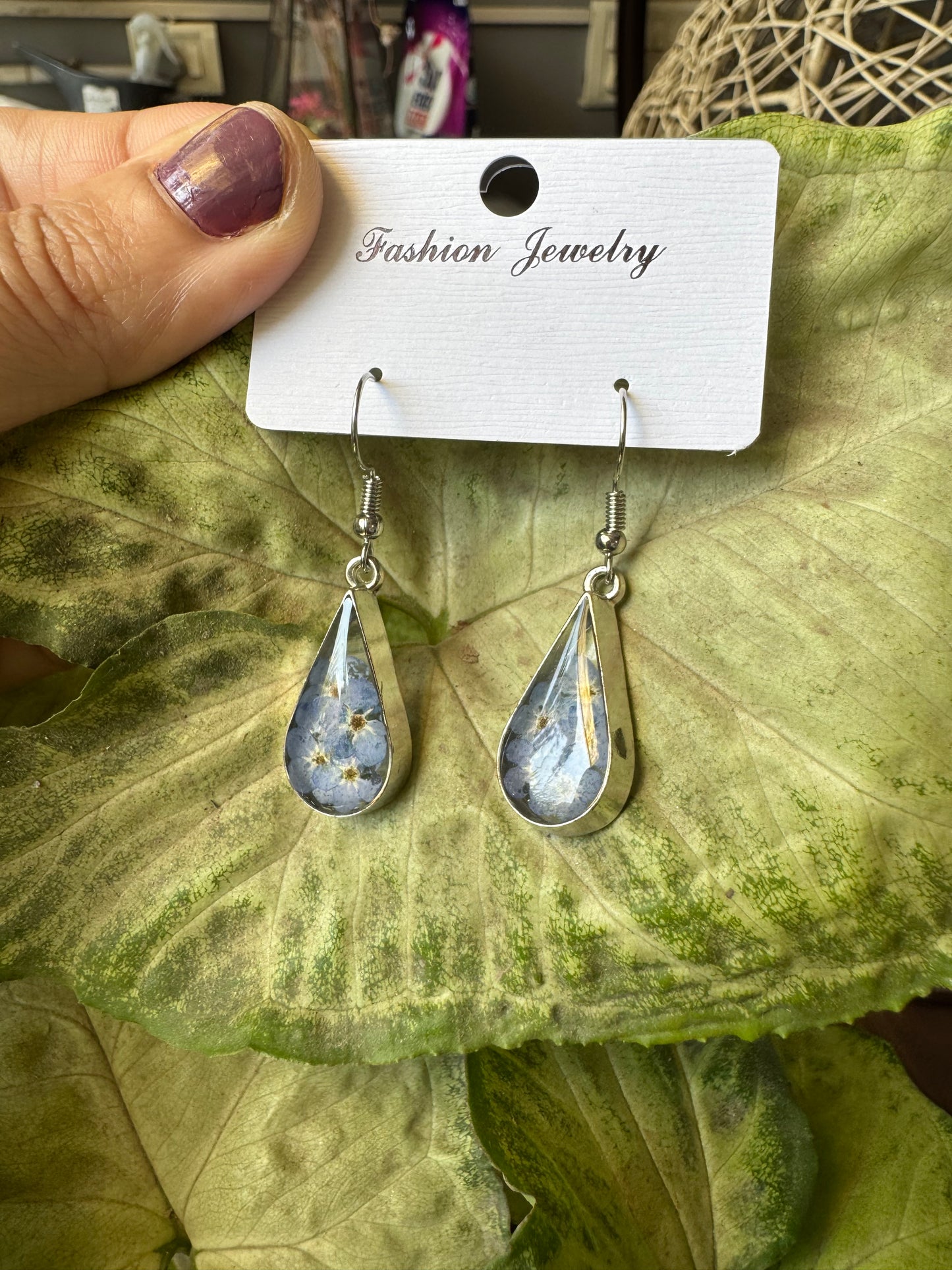 Earrings with Real Forget-Me-Not Pressed Flowers