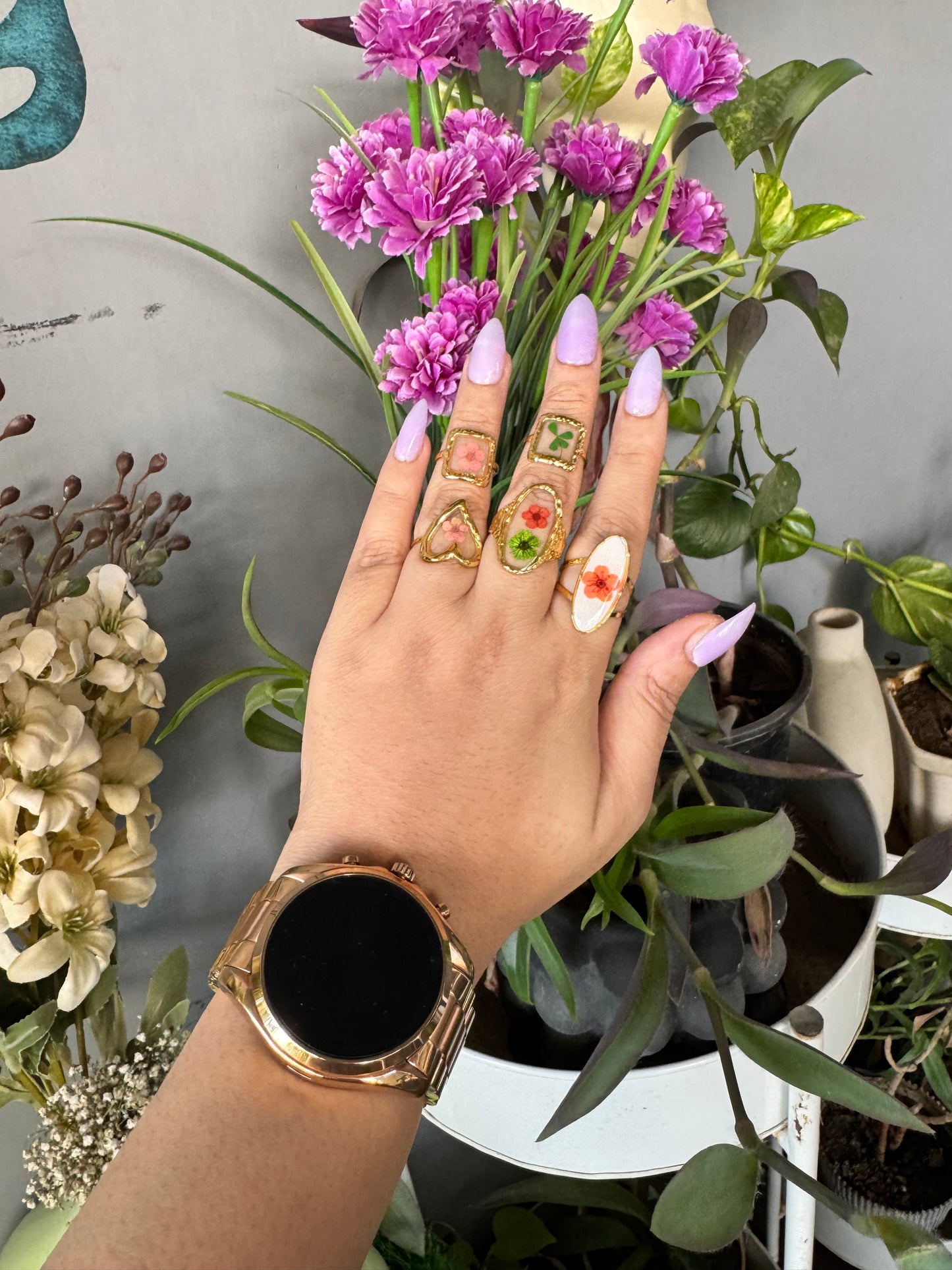 High End Rings with Real Pressed Flowers