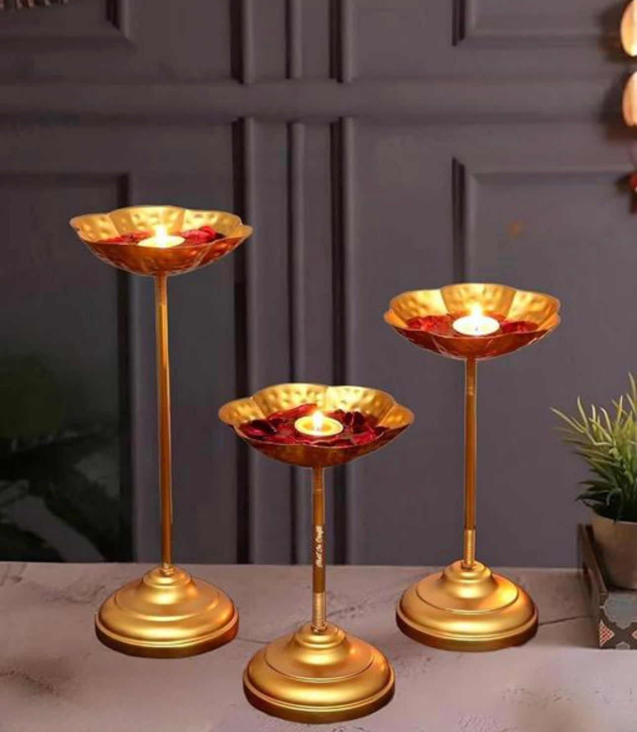 Flower Shape Decorative Metal Tea Light/Diya Holder (Gold) - Set of 3
