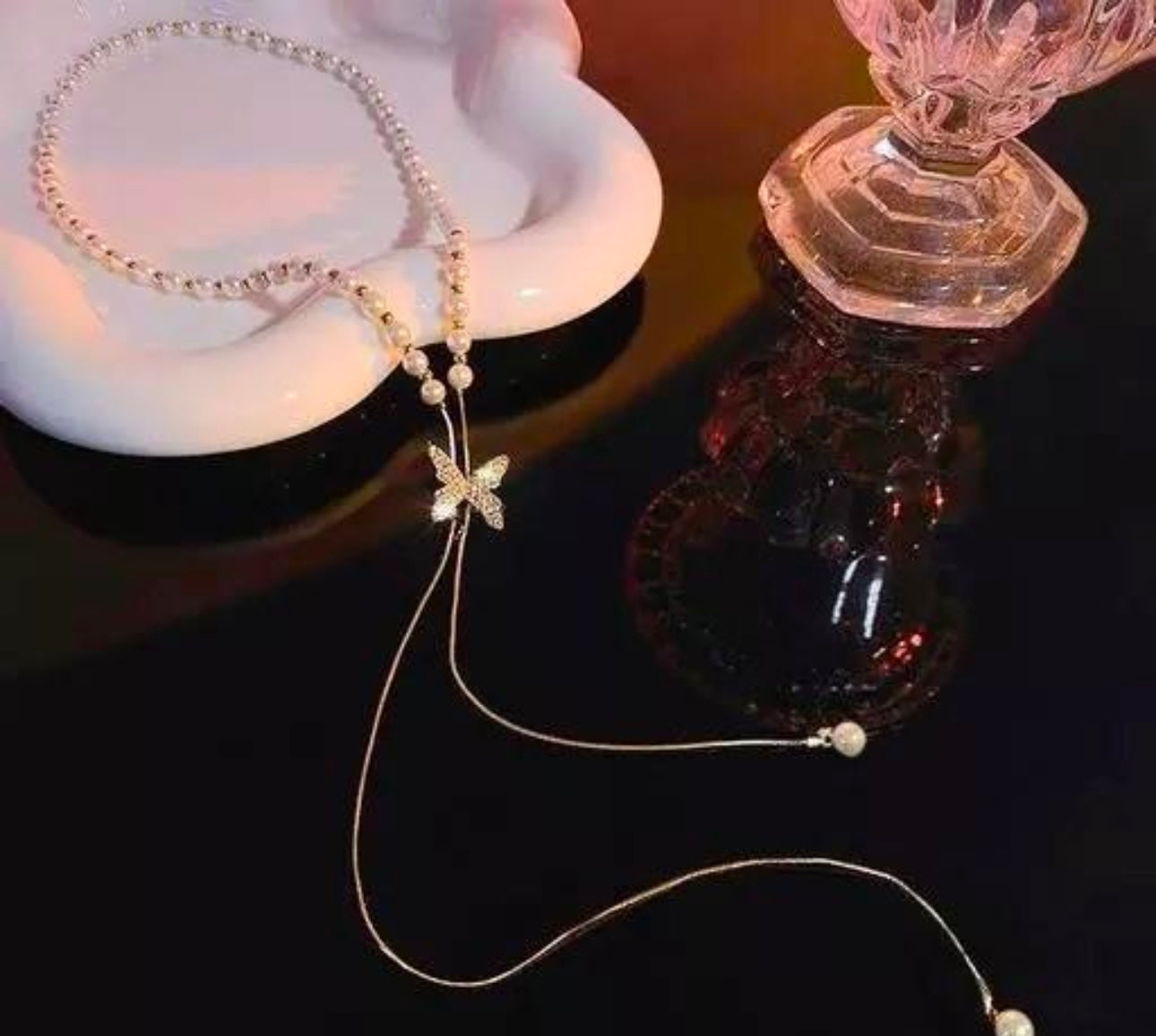 Elegant Pearl Chain Butterfly Necklace
