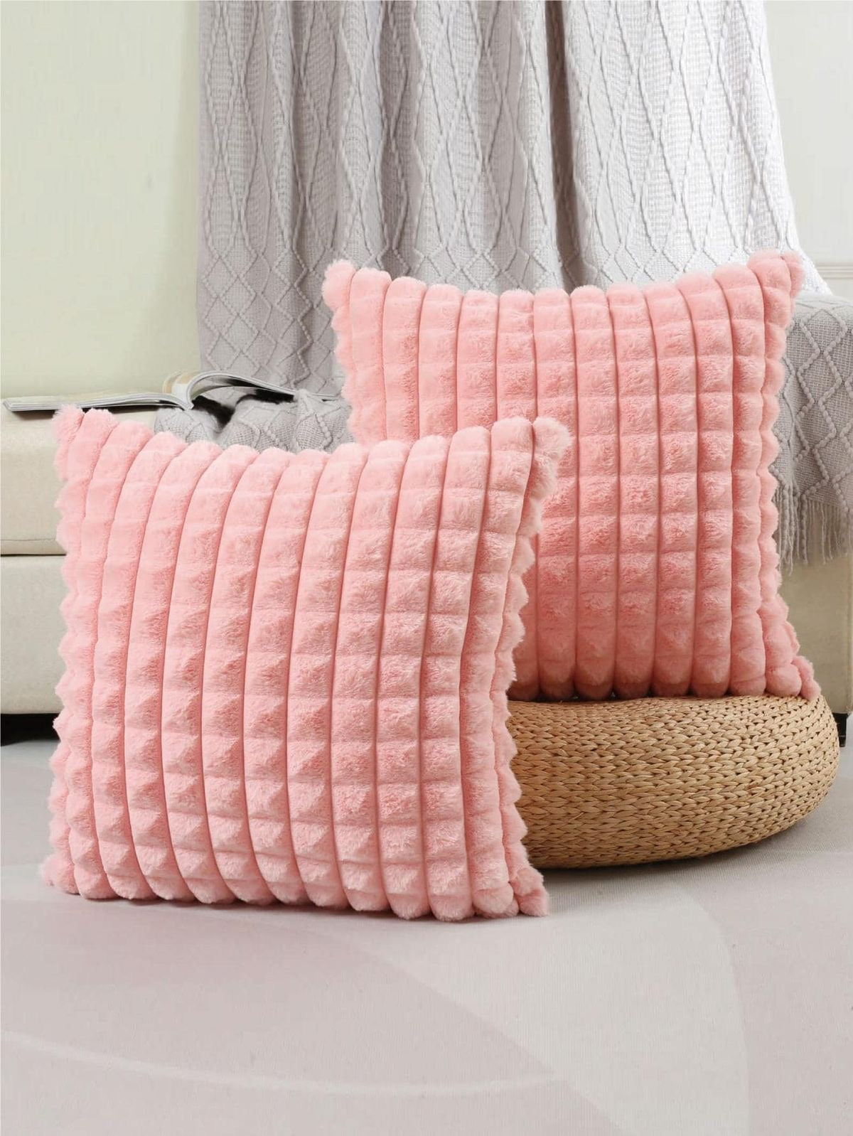 Decorative Plaid Pattern Plush Faux Fur Cushion Covers - Set of 2