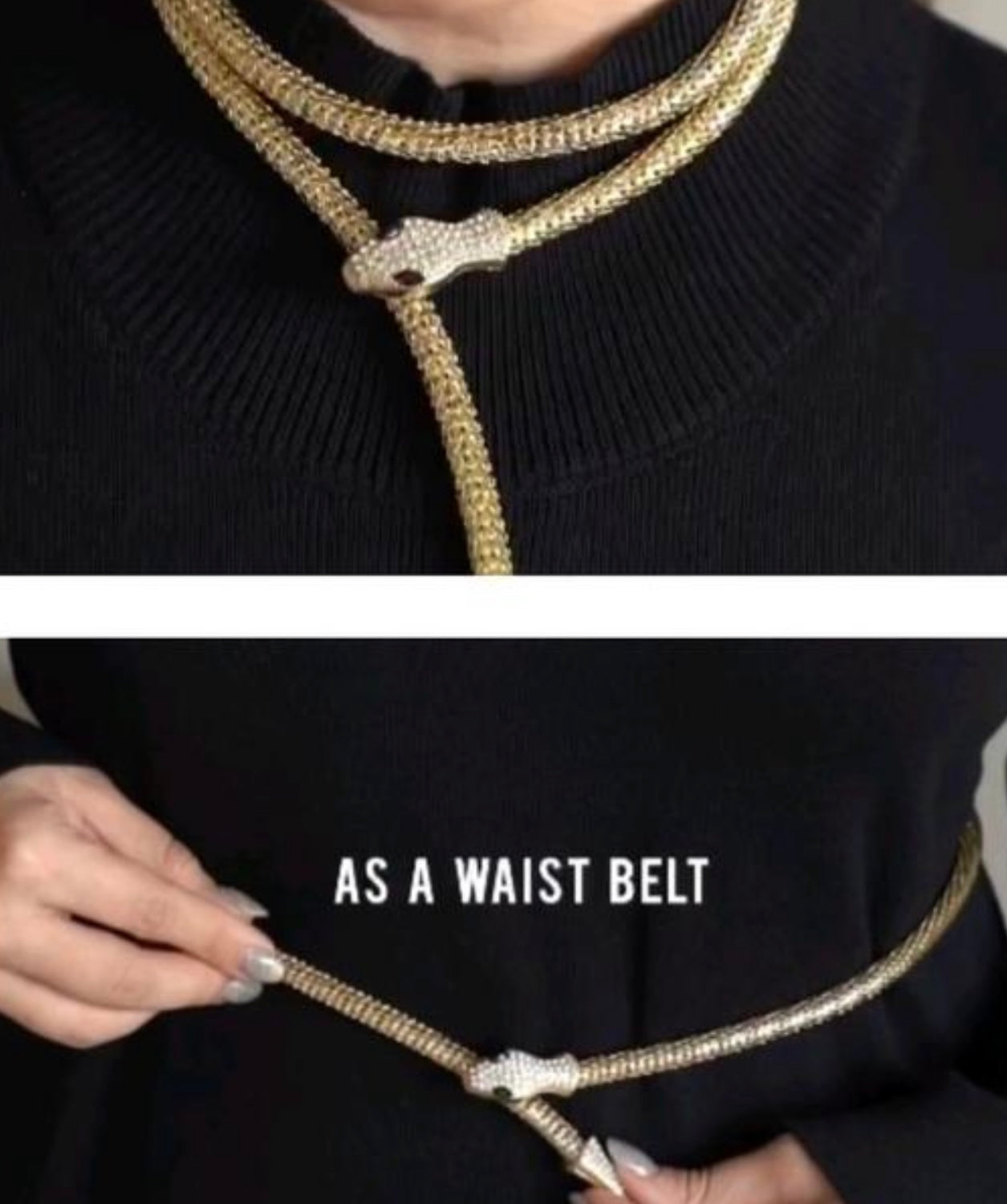 Rhinestones Detail Multipurpose Snake Necklace/Bracelet/Belt 4 Ft Long