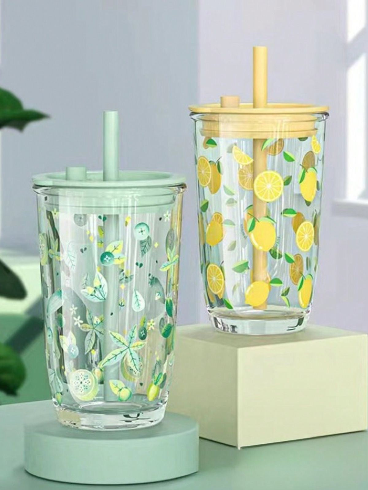 Fruits Print Boba Glass Tumbler with Straw & Lid