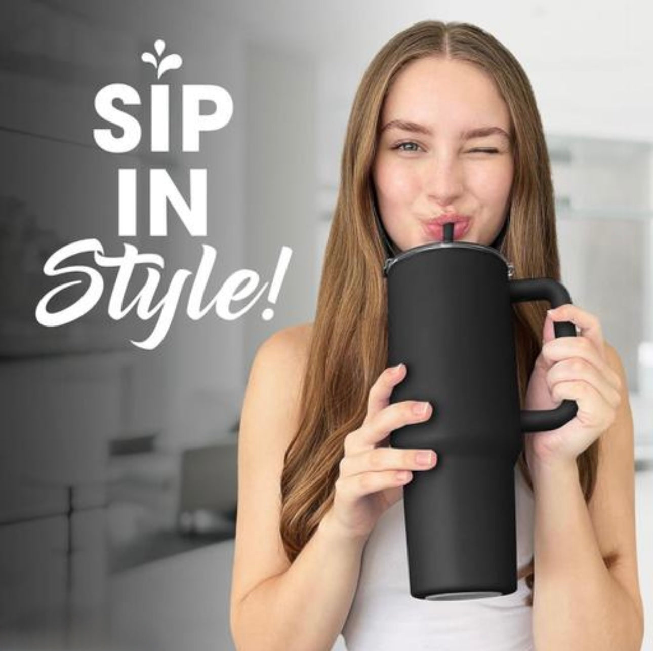 Stanley Mug Imitation Tumbler with Straw & Lid (Matte Black)