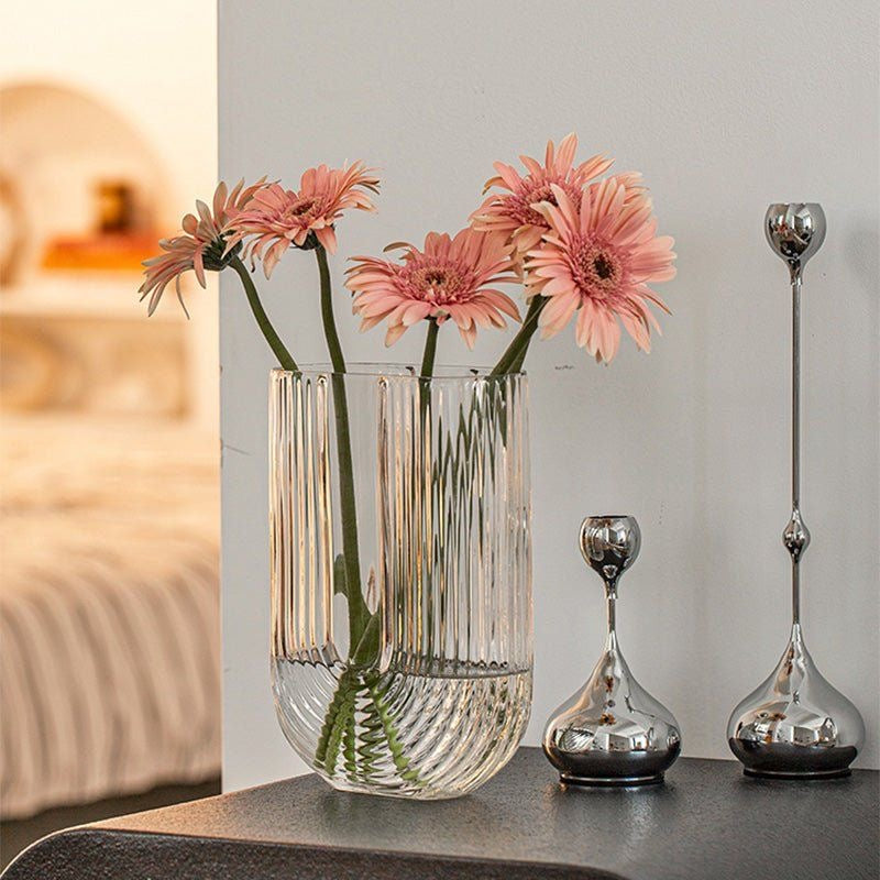 Clear Ribbed U-Shaped Glass Vase