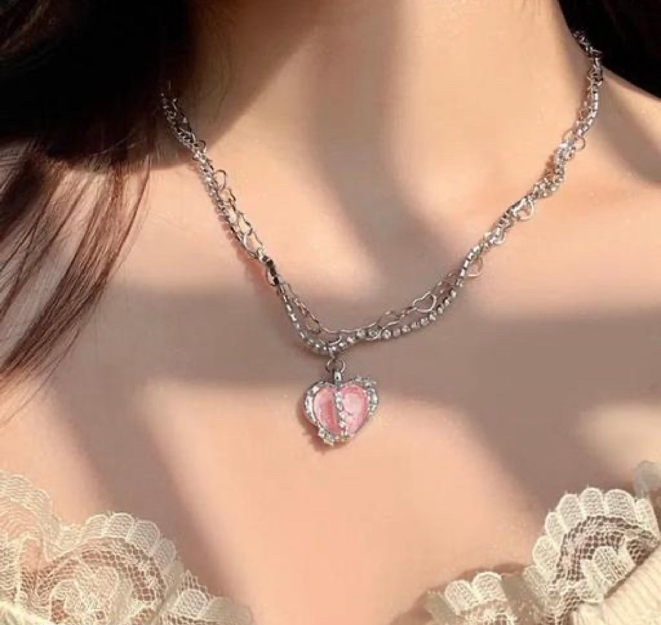 Korean Vintage Exquisite Zircon Pink & Silver Heart Necklace