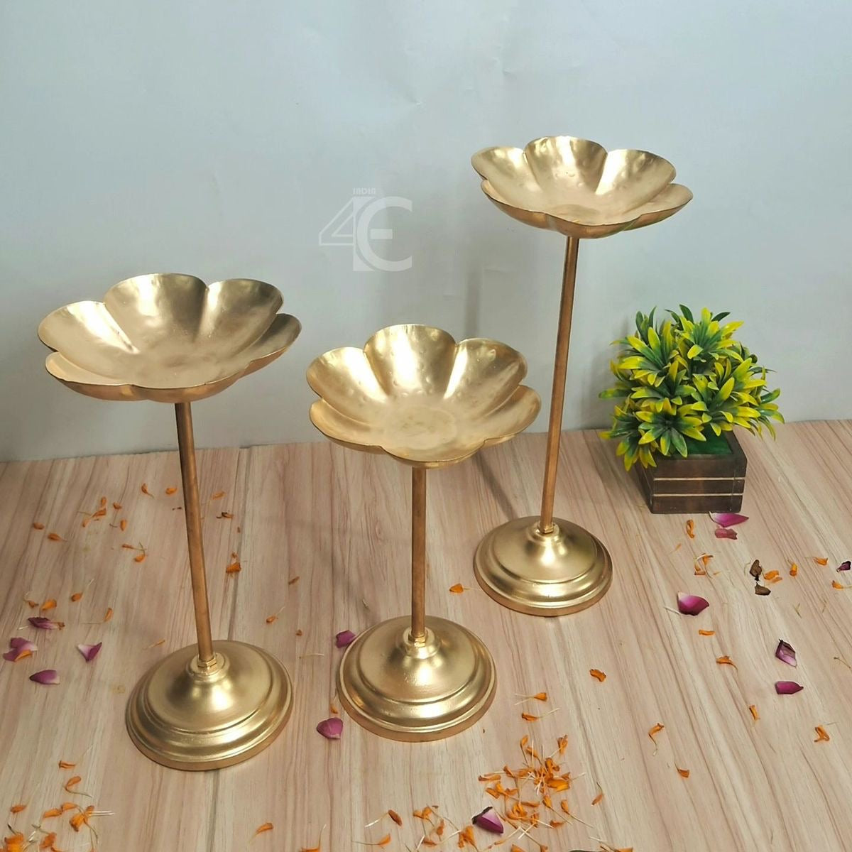 Flower Shape Decorative Metal Tea Light/Diya Holder (Gold) - Set of 3