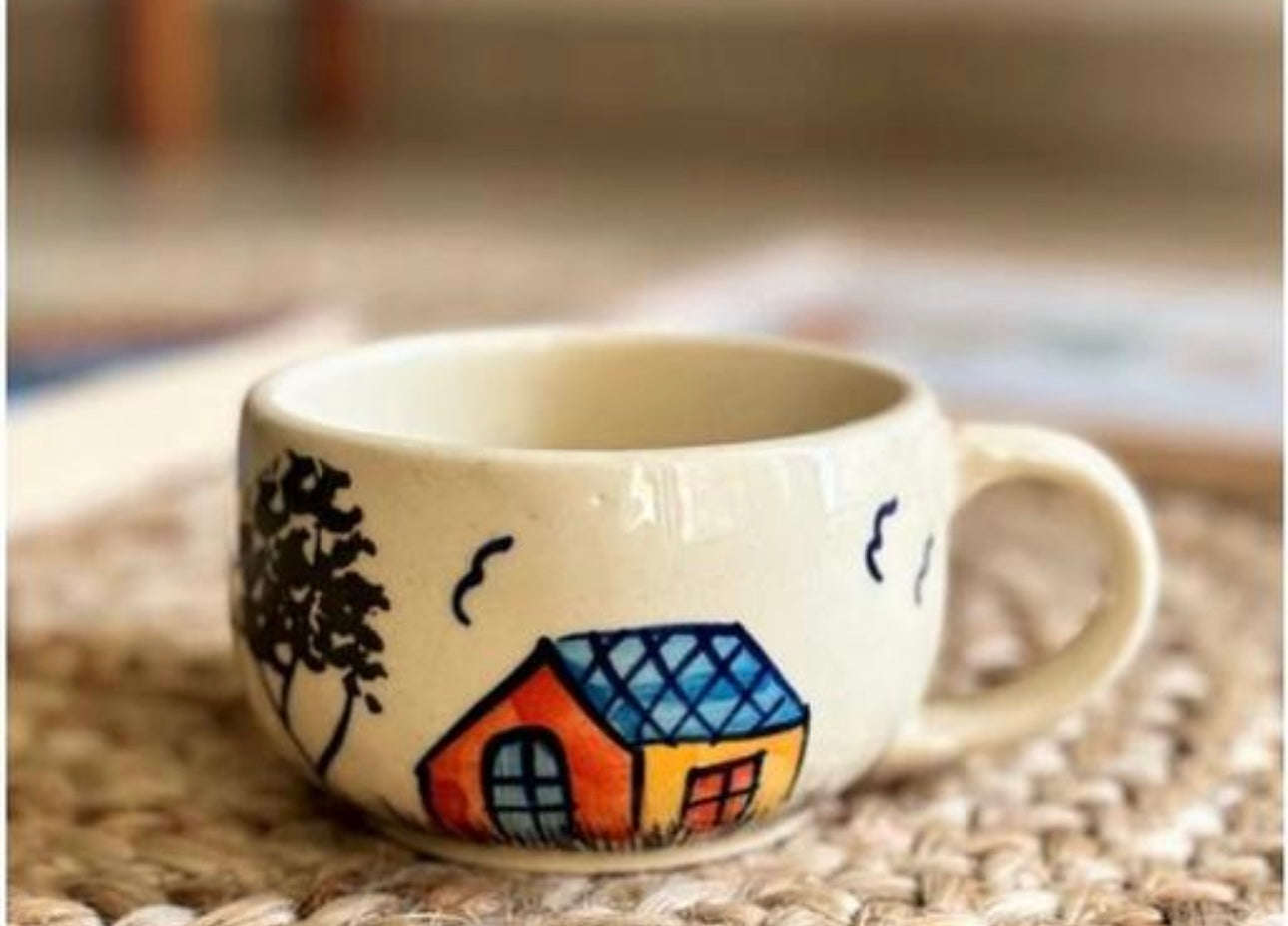 Large Coffee Mug with Handpainted Hut Design