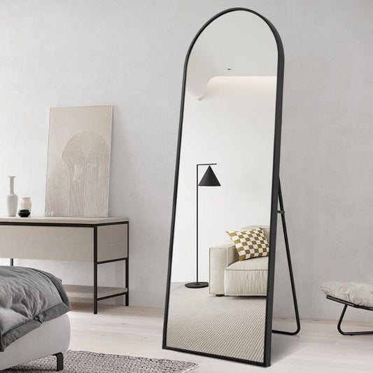 Decorative Full Length Arched Metal Frame Standing Mirror with Stand