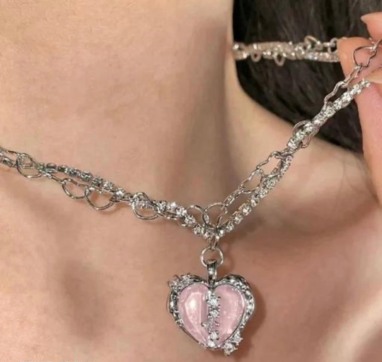 Korean Vintage Exquisite Zircon Pink & Silver Heart Necklace