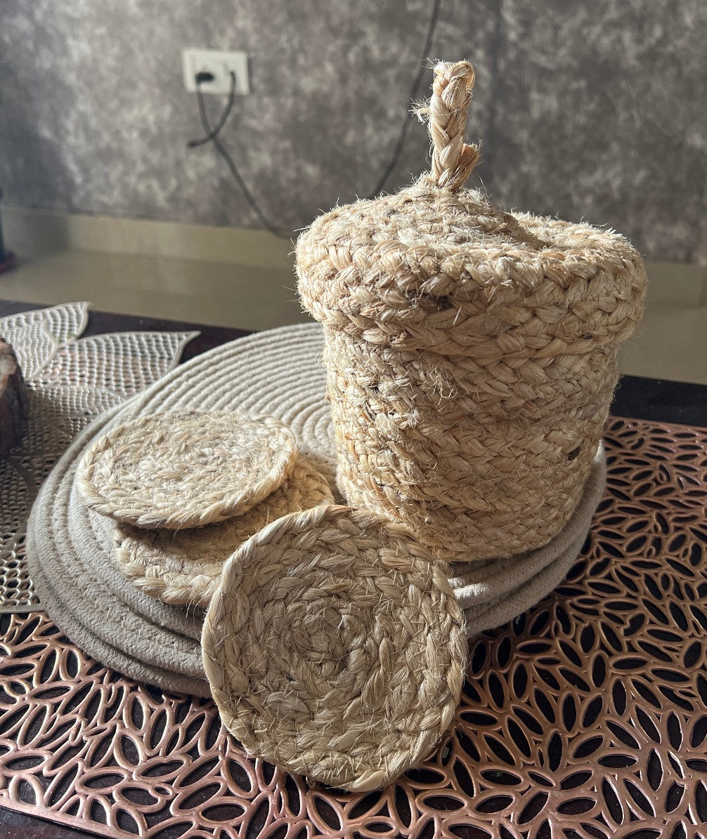 Natural Jute Coasters - Set of 6 with Basket