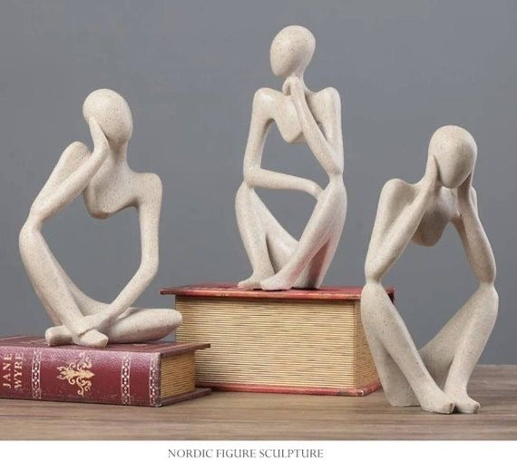 Scandinavian Sandstone Abstract Thinker Statues Figurines - Set of 3