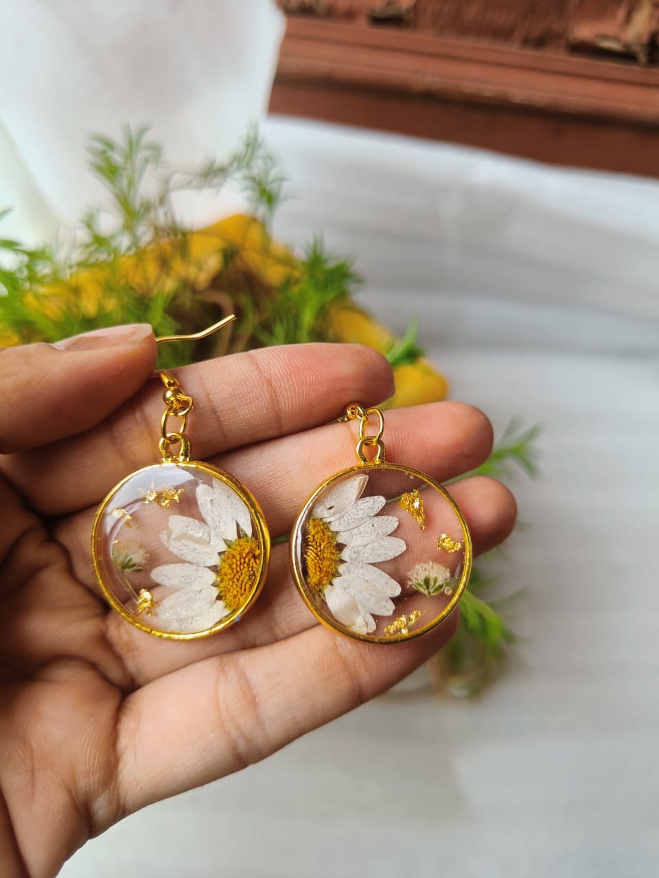 Earrings with Real Pressed Daisy Flowers