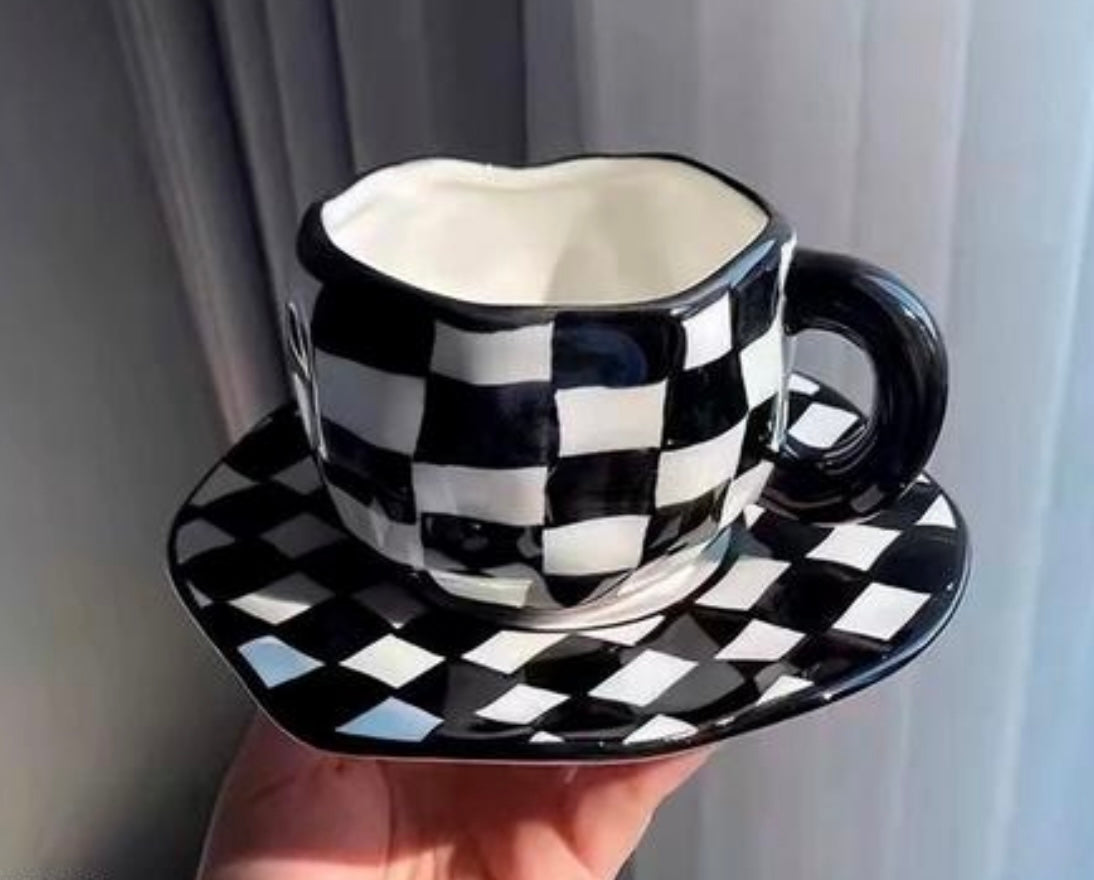 Checkered Mug and Saucer Set