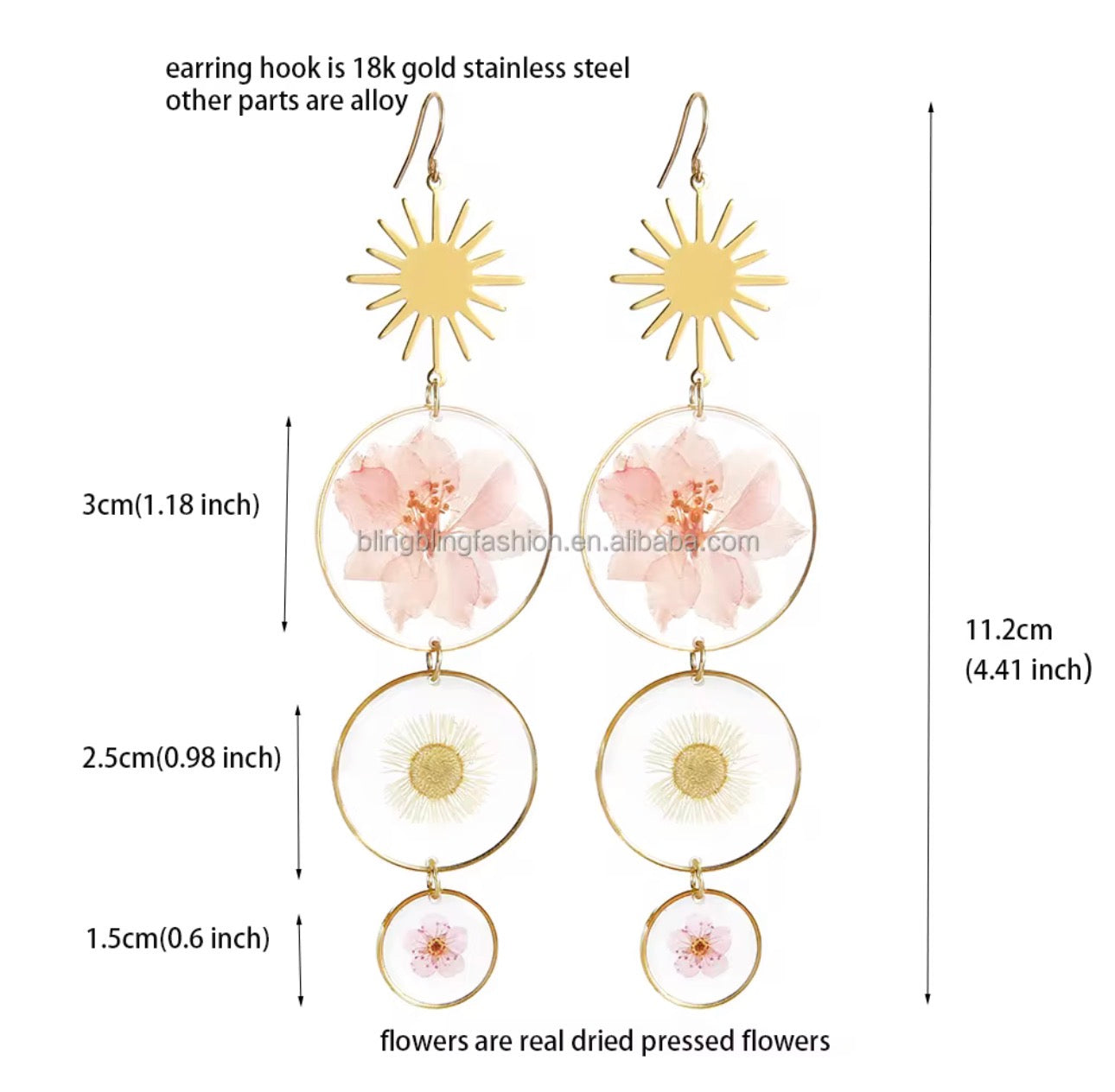 Elegant Drop Earrings with Real Pressed Dried Flowers