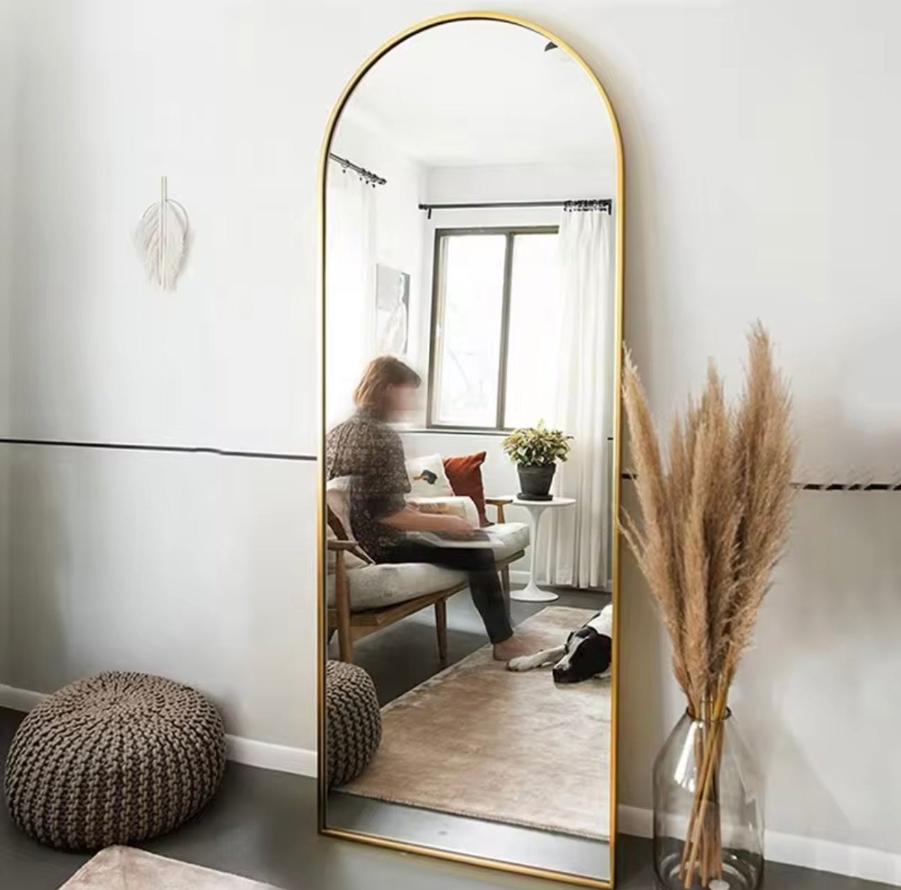 Decorative Full Length Arched Metal Frame Standing Mirror with Stand