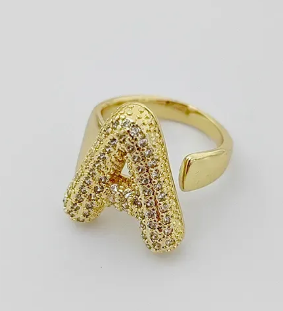 Chunky Adjustable Bubble Alphabet / Initials / Letter Ring with Zircon Stones