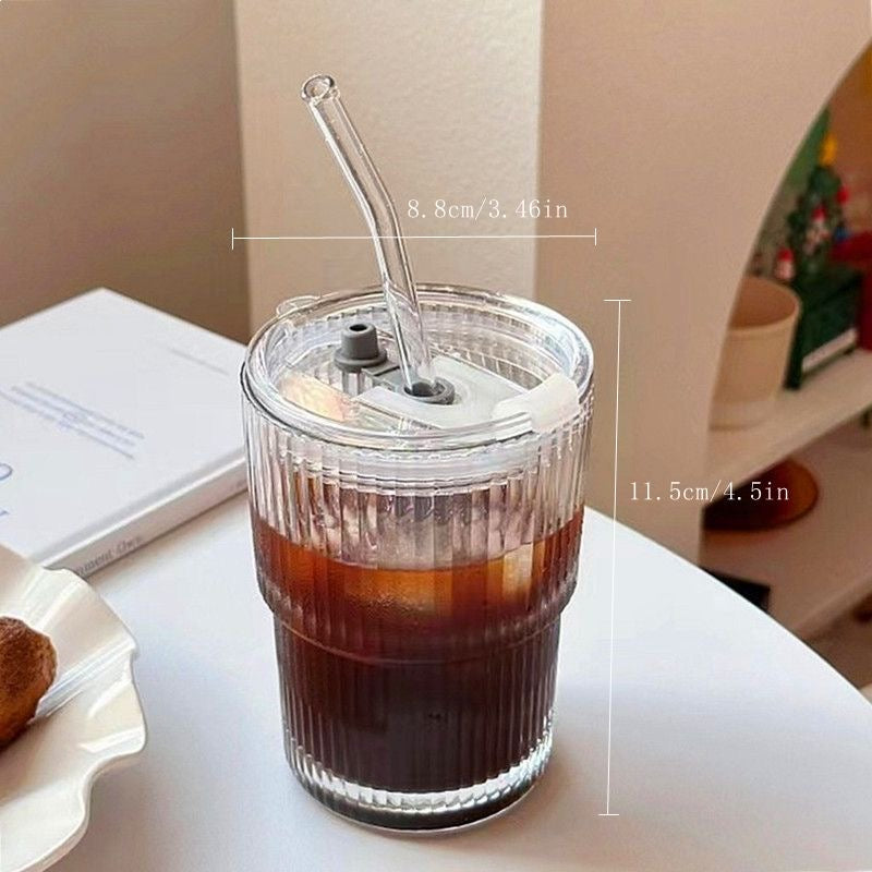 Striped Glass Cup with Straw & Lid
