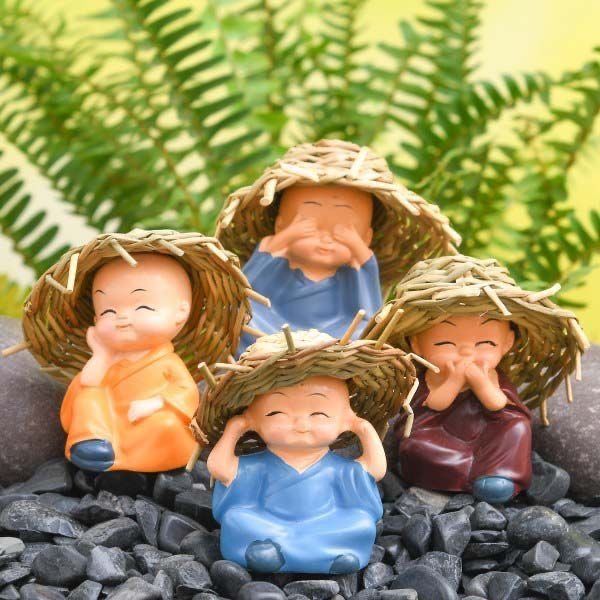 Cute Baby Monk Buddhas with Straw Hats - Set of 4
