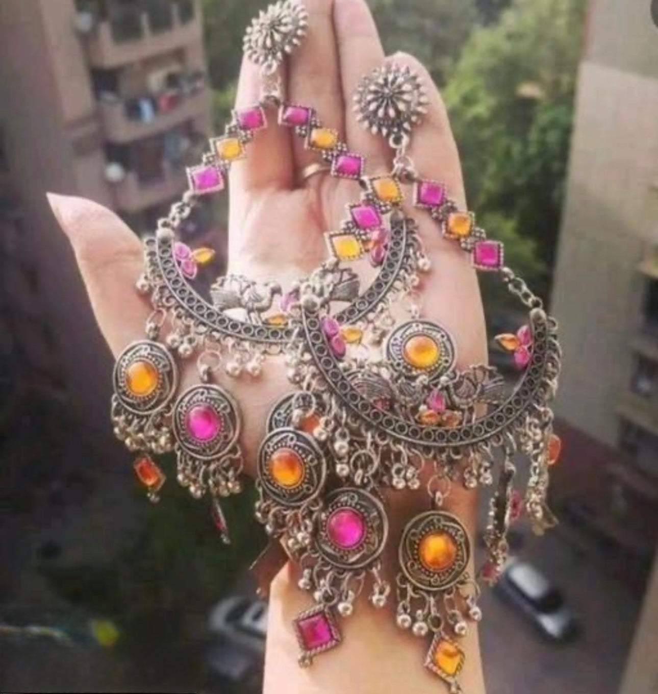 Large Oxidised Boho Jhumka Earrings