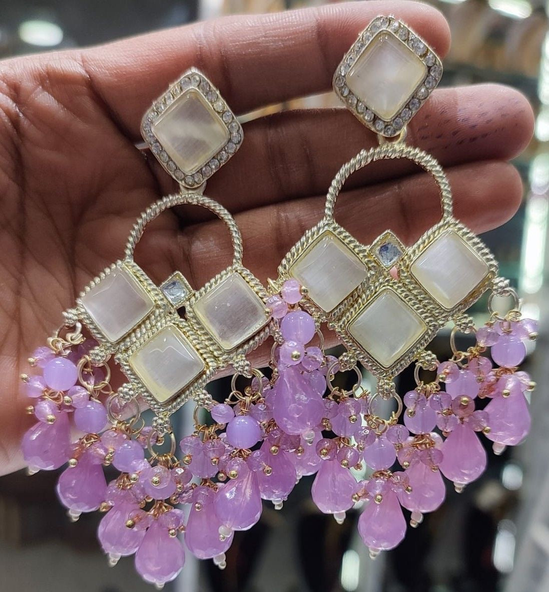 Crystal & Monalisa Stone Kundan Earrings