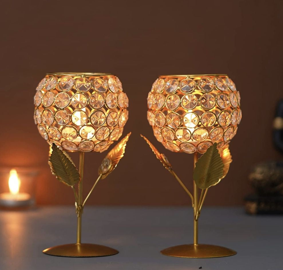 Decorative Crystal Rose Gold Candle Stand - Set of 2